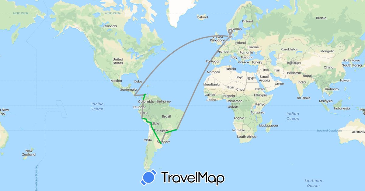 TravelMap itinerary: driving, bus, plane, boat in Argentina, Bolivia, Brazil, Colombia, Costa Rica, Denmark, Peru (Europe, North America, South America)